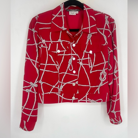 Vintage 90s Maggy L 100% Silk Nautical Red Button Up Blouse Coastal Cruise Vaca - Picture 1 of 6